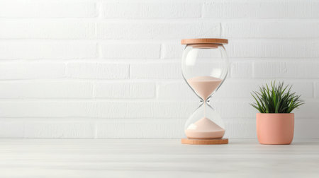 Elegant hourglass on a minimalist wooden table against a textured white brick wall, symbolizing time management and the passage of time in a serene settingの素材