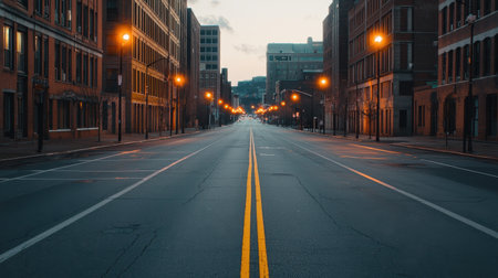 Urban Street Scene at Dusk with Soft Lighting and Empty Roadway Surrounded by Historic Buildings in a City Settingの素材