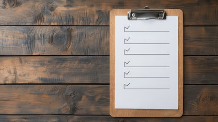 Blank Checklist on Clipboard Resting on Rustic Wooden Table Ideal for Task Management and Organization in Home, Office or Personal Settingの素材