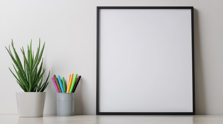 Minimalist Workspace with Blank Frame, Potted Plant, and Colorful Markers on a Wooden Table, Perfect for Creative Projects and Home Decor Inspirationの素材