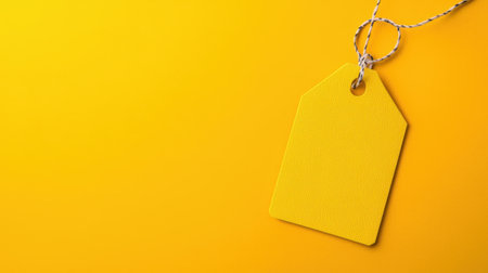 Bright Yellow Price Tag with Twine on Vibrant Yellow Background for Promotional Marketing or Sale Announcement Use in Various Creative Projectsの素材