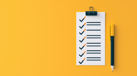 Organizational Checklist on Clipboard with Yellow Background and Black Pen for Planning, Productivity, and Task Management in Modern Office Settingsの素材