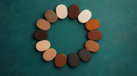 Circular Arrangement of Wooden Color Samples on Teal Background for Design and Art Projects Focusing on Natural Textures and Color Palettesの素材