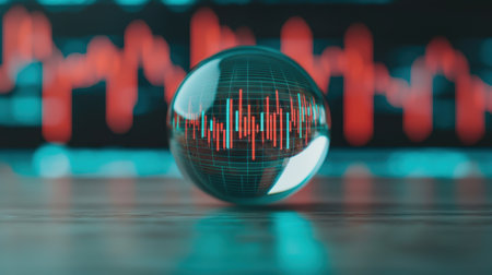 Glass sphere reflecting data trends in vibrant color with fluctuating charts in the background showcasing financial market analysis and technological insightsの素材