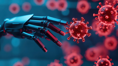 Robotic hand reaching out towards a glowing virus, showcasing advanced technology interacting with microscopic pathogens in a digital environmentの素材