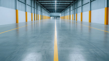 Spacious and Modern Industrial Warehouse Interior with Bright Lighting and Clean Concrete Floor for Storage or Manufacturing Purposesの素材