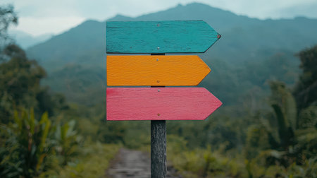 Colorful Directional Signpost in Lush Mountain Landscape Surrounded by Greenery and Nature with Overcast Sky and Scenic Viewの素材