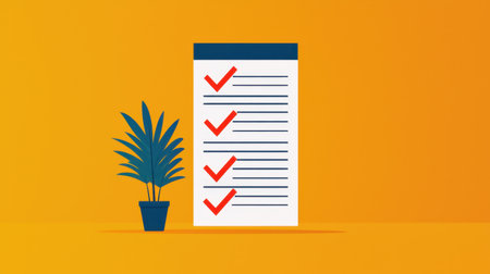Checklist and Houseplant on Minimalist Yellow Background for Task Management and Productivity Enhancementsの素材