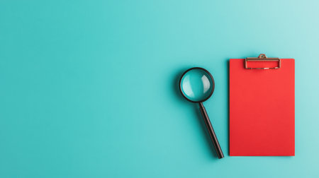 Bright and Colorful Workspace with Red Clipboard and Magnifying Glass on Sleek Turquoise Background for Business and Creative Projectsの素材