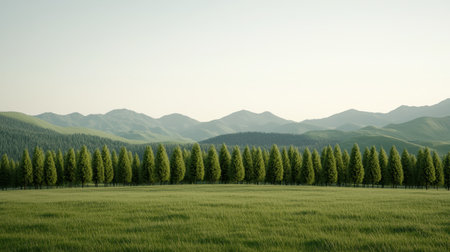 Serene Landscape with Lush Green Trees and Rolling Hills Under a Clear Sky, Evoking Peaceful Tranquility in Nature's Embraceの素材