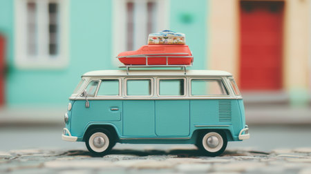 Vintage style van with colorful luggage on roof against charming pastel buildings in a scenic urban setting perfect for travel and adventure themesの素材