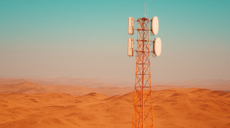 Tall telecommunications tower standing alone in a vast desert landscape with clear blue sky and sand dunes in warm tonesの素材