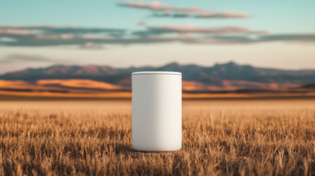 White cylindrical container placed in a vast dry grassland landscape with distant mountains under a beautiful sky during daylight hoursの素材