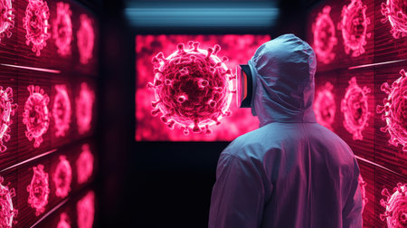Scientific Researcher Observing 3D Virus Model in Virtual Reality Environment with Bright Pink Neon Colors on Screens in Modern Laboratoryの素材