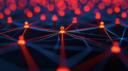 Abstract connection network with glowing dots and lines representing digital data transfer, technology communication, and interconnectedness in modern systemsの素材