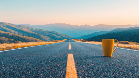 Vibrant Yellow Mug on Empty Road Surrounded by Majestic Mountains Under Soft Sunrise Light, Evoking Adventure and Tranquility in Natureの素材