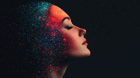 Woman's Portrait with Colorful Particles Representing Creativity and Imagination on a Dark Background Showcasing Artistic Expression and Inner Thoughtsの素材