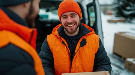 Friendly delivery worker smiling while holding parcel during winter in snowy environment with delivery van in backgroundの素材