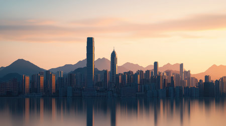 Stunning skyline of urban city with reflections at dusk, showcasing modern architecture and serene mountains in the background during sunset glowの素材