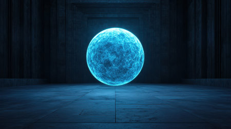 Glowing Blue Sphere in Dark Ancient Hallway with Stone Pillars and Ambient Light, Futuristic and Mysterious Atmosphere Ideal for Visual Projectsの素材
