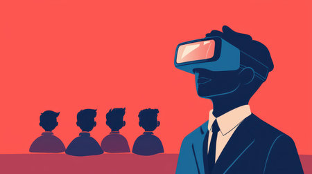 Professional man using virtual reality headset in modern conference room with audience in background for innovative technology and digital experience conceptの素材