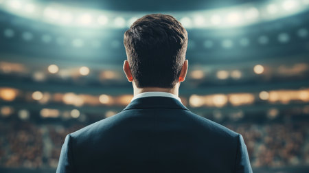 Businessman in Suit Observing a Sports Event in a Stadium, Captivated by the Excitement and Energy of the Game in the Backgroundの素材