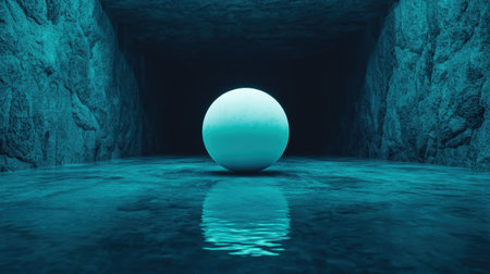 Abstract geometric scene featuring a glowing orb reflected in a tranquil turquoise pool within a dark cavernous environmentの素材