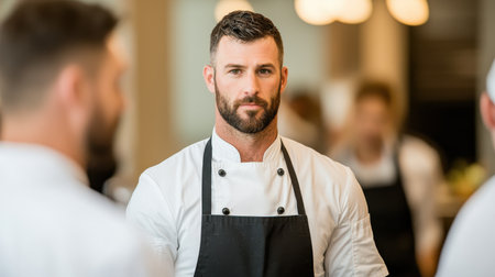 Professional male chef with beard wearing white uniform and black apron standing confidently in modern kitchen with chefs working in backgroundの素材