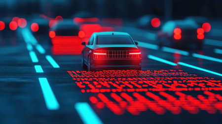 Futuristic urban scene with glowing roads and cars showcasing advanced technology in a city at night, emphasizing innovation and smart transportation solutionsの素材