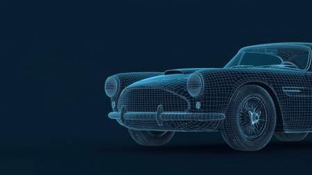 Wireframe Model of Classic Car on Dark Background with Detailed Graphics and High-Quality Render for Automotive Design and Visualization Projectsの素材