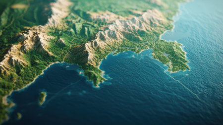 Stunning Aerial View of Mountainous Coastline with Lush Greenery and Clear Blue Waters Capturing Nature's Beauty in Vibrant Detailの素材