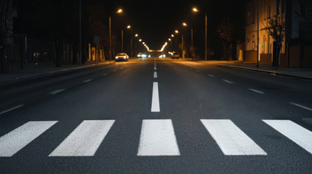 Empty street at night featuring illuminated road lines and furniture under dim streetlights with a car approaching in the distanceの素材