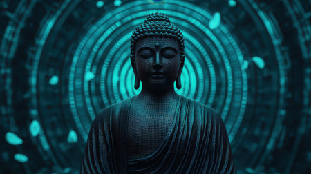 Serene Buddha Statue Surrounded by Hypnotic Patterns and Soothing Lights for Meditation and Spiritual Reflectionの素材