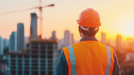 Construction Worker Observing City Skyline at Sunset with Crane and Buildings in Background, Safety Gear and Urban Landscape Imageryの素材