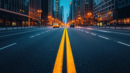 Urban Evening Street View with Yellow Lane Markings and Skyscrapers Illuminated by Streetlights in a Busy City at Duskの素材