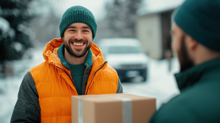 Smiling Delivery Person in Winter Attire Holding Package in a Snowy Residential Area with Warm Colors and Cheerful Atmosphereの素材