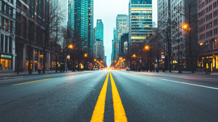 Urban Cityscape with Empty Road and Buildings, Modern Skyscrapers, Street Lights, and Cloudy Sky in a Bustling Metropolitan Areaの素材