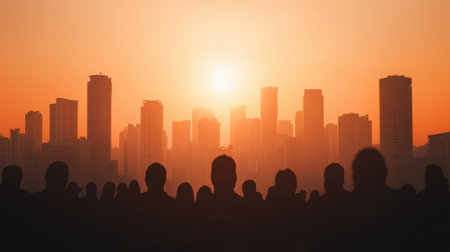 Silhouetted Crowd of People Watching Amazing Sunset Behind City Skyline with Tall Buildings and Vibrant Colors in Urban Settingの素材
