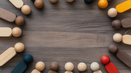 Colorful wooden figures arranged in a circular pattern on a wooden surface, showcasing community, teamwork, and creativity in a playful manner.の素材