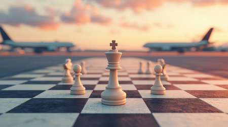 Chess Pieces on Board with Airplanes in the Background at Sunset, Symbolizing Strategy and Decision Making in Business and Travel Environmentsの素材