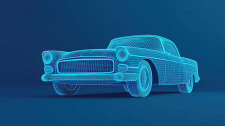Mesh Wireframe Representation of Classic Car on Blue Background with Futuristic Glow and Detail, Ideal for Technology and Automotive Visualsの素材