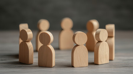Wooden Figurines Representing Team Collaboration and Community Engagement in a Professional Settingの素材