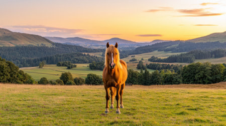 Majestic Horse Stands Alone in Serene Pastoral Landscape during Golden Hour with Rolling Hills and Vibrant Sunset in Backgroundの素材