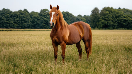 Majestic chestnut horse standing gracefully in a vibrant green meadow surrounded by trees under a clear blue sky showcasing nature's beauty and serenityの素材