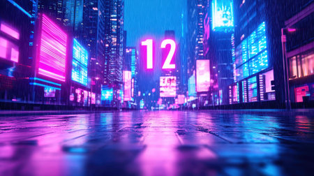 Neon Cityscape at Night Featuring Bright Digital Displays and Rain-soaked Streets with a Large Number 12 Illuminating the Urban Environmentの素材