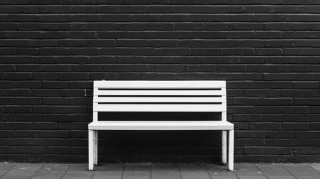 Minimalist design of a white bench against a stark black brick wall showcasing simplicity and contrast in urban architecture and furnishingsの素材