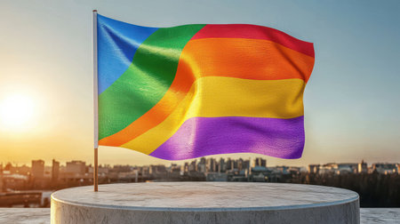 Vibrant Rainbow Flag Waving in Wind Against Scenic Sunset Skyline Background with Cityscape in Colors of Diversity and Equalityの素材