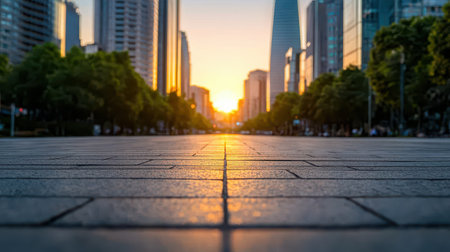 Sunset Over City Skyline with Modern Buildings Reflected on Smooth Paved Street and Lush Green Trees Lining the Urban Area for an Urban Environmentの素材