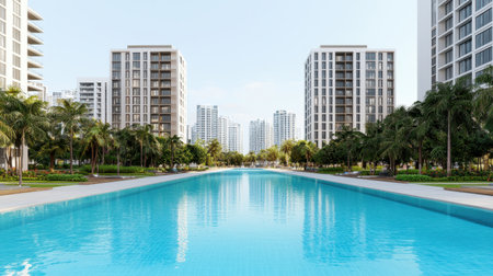 Modern Residential Complex with Swimming Pool and Lush Green Surroundings Captured in Clear Blue Sky and Urban Landscapeの素材