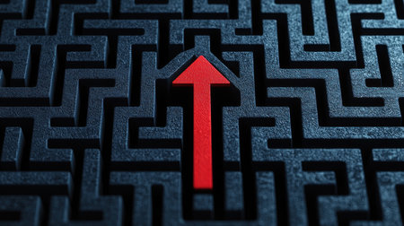Red Arrow Points Up Through Intricate Black Maze Design Illustrating Navigation, Direction, Problem Solving, and Decision Making Conceptsの素材